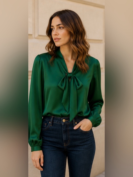 Vero Moda Tops - Vero Moda emerald green Silk Blouse Bow-tie neck- Size L NWT